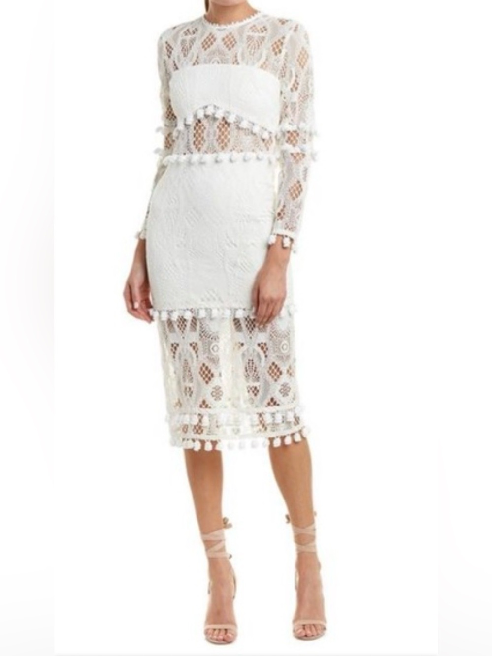Alexis Callie Ivory White Crochet Lace Midi Dress with Pom Pom Trim